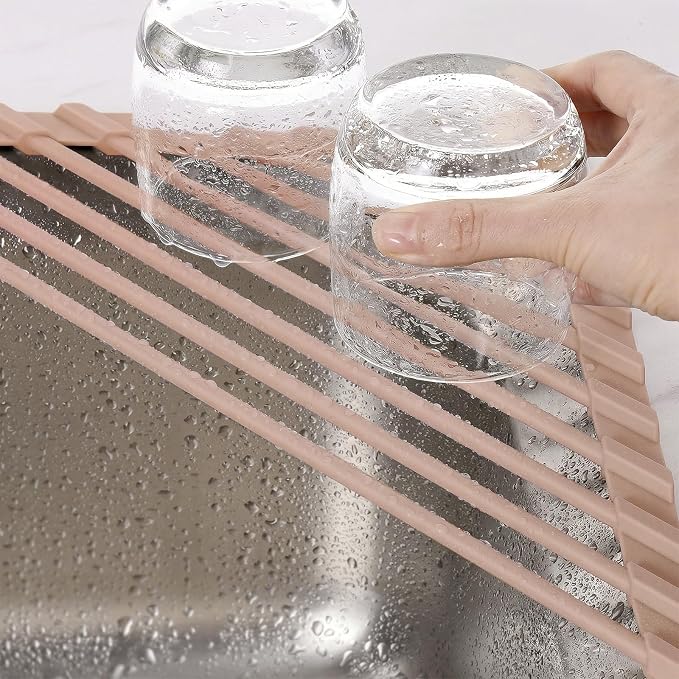 Tomorotec Roll Up Dish Drying Rack with Silicone Coating, Light Coffee | 304 Stainless Steel with BPA-Free Silicone, Triangle Design Maximizes Sink Corner Space, Fits Compact Kitchens And RVs