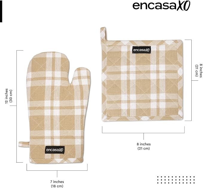 Encasa XO Oven Mitts and Pot Holders Set, Heat Resistant Cotton | Franca Beige Checks, Diamond Quilted | Non-Slip Grip | Microwave & Oven Safe | Hanging Loop | Machine Washable | Set of 2