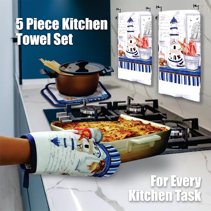 Nautical Lighthouse 5 Piece Kitchen Towel Set | Kitchen Towel Set with 2 Decorative Dish Towels (25 X15), 1 Oven Mitt (11 X 7) and 2 Potholders (6.5 X 6.5)