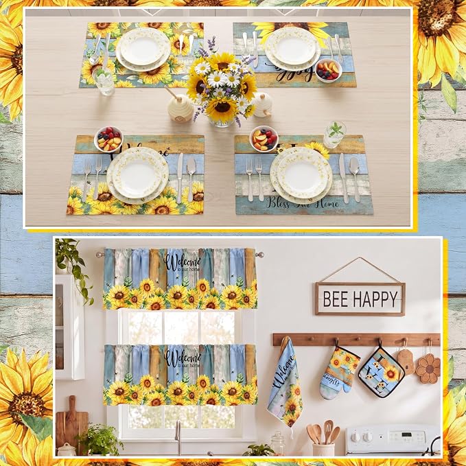 Fourluoo 16 Pcs Sunflower Kitchen Decor Set Kitchen Towels Non Slip Rugs and Mats Oven Mitts Gloves Pot Holders Placemats Curtains for Decor Gift