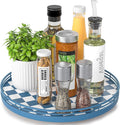 Blue and White Checkerboard Lazy Susan with Rubberwood Base and Metal Rail | Smooth rotating oak tray with walnut finish for dining tables, kitchen counters, pantries and cabinet storage.