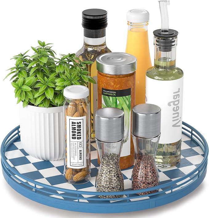 Blue and White Checkerboard Lazy Susan with Rubberwood Base and Metal Rail | Smooth rotating oak tray with walnut finish for dining tables, kitchen counters, pantries and cabinet storage.
