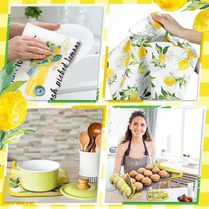 Fourluoo 10 Pcs Lemon Kitchen Decor Set Kitchen Towels and Rugs Oven Mitts and Pot Holders Set for Women Mom Gift Cooking Baking Grilling