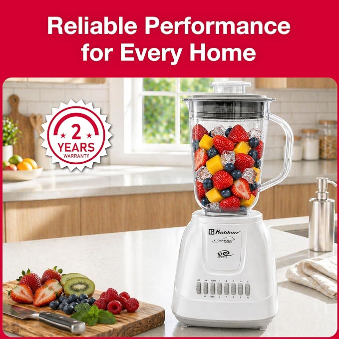 Koblenz LKM-5510 PB Countertop, Stainless Steel Blades, Plastic Jar, 42 oz | 500W Motor, 10 Speed + 2 Pulse, Stainless Steel Blades, Metal Coupling, Smoothie Blender, Blender for Kitchen, White, Durable
