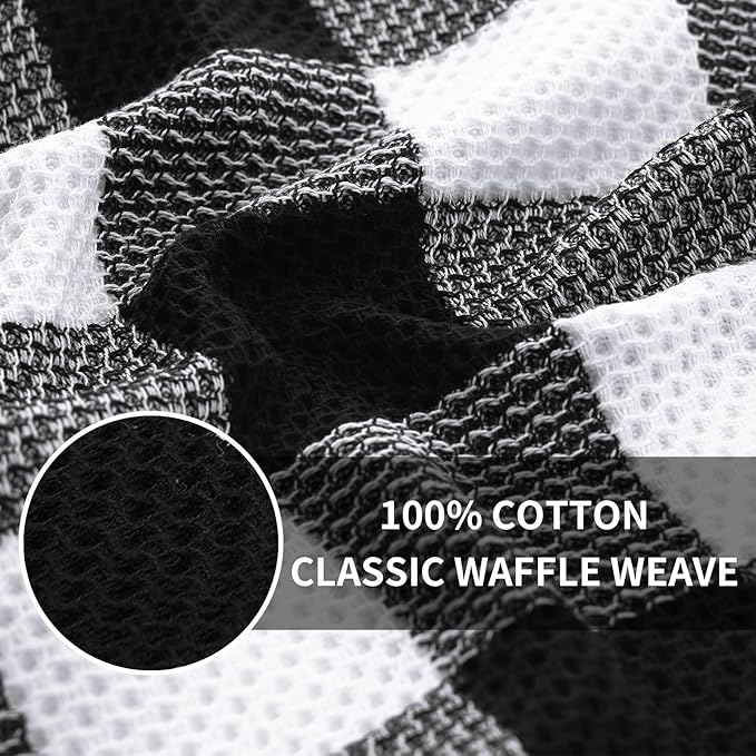 Homaxy Kitchen Towels and Dishcloths Set, Set of 8, White & Black | Bulk Cotton Waffle Weave Check Plaid Kitchen Towels, Super Soft and Absorbent Dish Cloths, 12 x 12 and 13 x 28 Inches