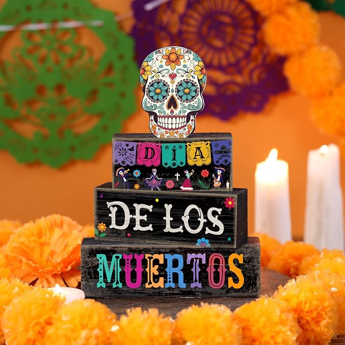 Lineshading 4 Pcs Day Of The Dead Table Decorations Sugar Skull Decor | Rustic Dia De Los Muertos Decor for Farmhouse Tabletop Tiered Tray, Stacked Blocks for Halloween Party Home Shelf Decoration