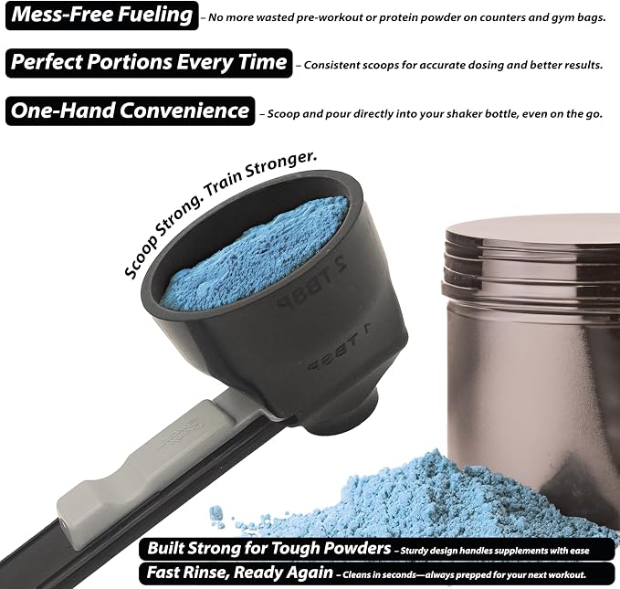 NEW VERSION: Slide Scoop the original measuring scoop + funnel No spill preparation of protein powder, workout & sports drinks, baby formula & kcup refill Mess & Spill free - (Set of 1 & 2 Tablespoon)