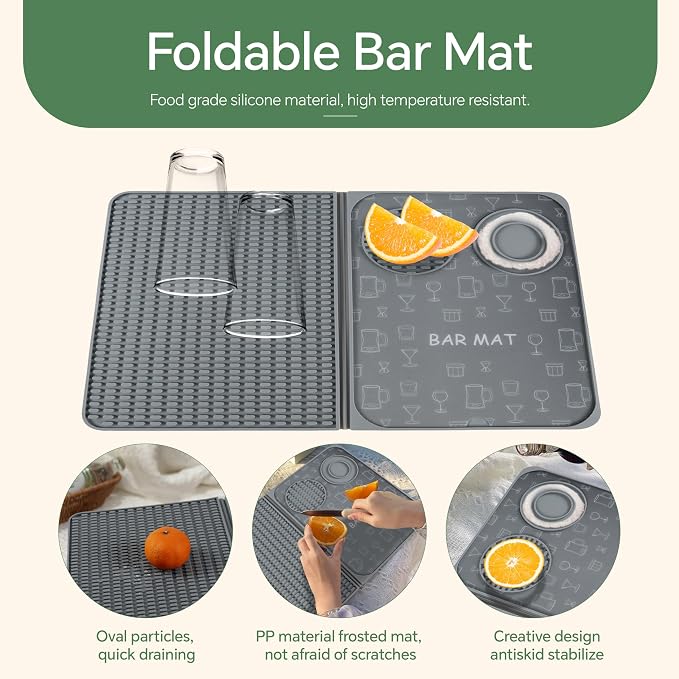 Bar Mat, Bar Accessories, Multifunctional Folding Cocktail Mat with Cutting Board, 18" X 12"(Gray) Drying Mats,Bar Mat for Countertops,Bar Decorations for Home , Outdoor Bar Accessories ,Travel