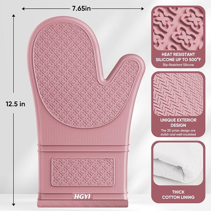 Silicone Oven Mitts, Heat Resistant Oven Gloves with Quilted Liner, Waterproof & Non-Slip Kitchen Mittens for Baking Cooking BBQ, 500°F, 12.5"-Rose Pink