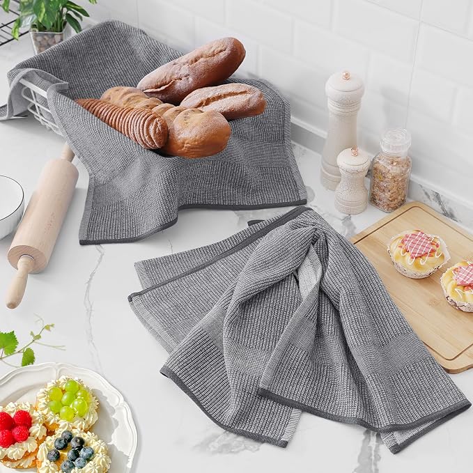 Homaxy 380 GSM Cotton Premium Kitchen Towels 3 Pack, 18"x 28", Grey | Flat and Terry Dish Towels, Highly Absorbent Tea Towel Set with Hanging Loop, Soft Utility Kitchen Hand Towels