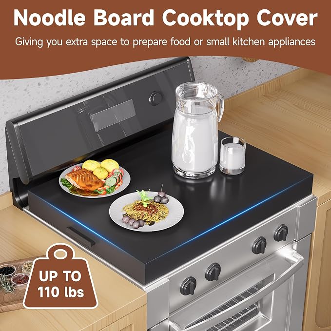 BJADE'S Stove Cover Board - 30"x22"x3" Gas/Electric Range Top Cover with Anti-Slip Feet, Kitchen Organizer & Noodle Board, Black Cooktop Protector for Counter Space Expansion