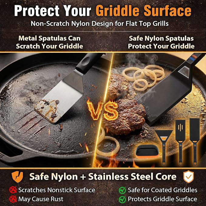 Utheer Griddle Kit, 17 x 13 Inch Pre-Seasoned Cast Iron Flat Top | Includes scratch-free tools for cooking, universal design works with gas grills, charcoal grills and camping