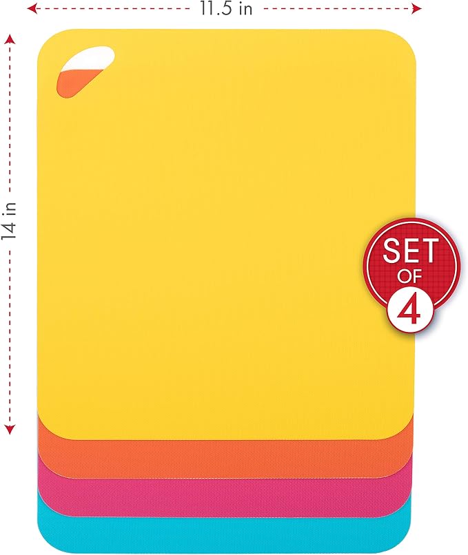 Dexas Heavy Duty Cutting Board Grippmat, Flexible Cutting Boards for Kitchen, Set of 4, Non Slip Plastic Board Cutting Mat 11.5 by 14 inches, Bright Blue, Yellow, Orange and Pink Set Kitchen Gadgets
