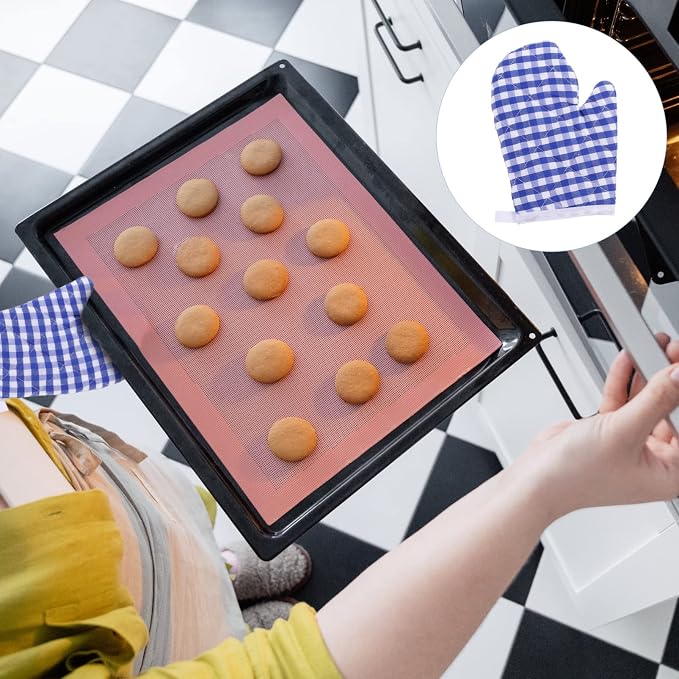 2Pcs Oven Mitts for Play Kitchen, Anti- Scald Gloves Microwave Oven Gloves Kitchen Mitts for Safe Baking Cooking (Dark Blue Checkered)