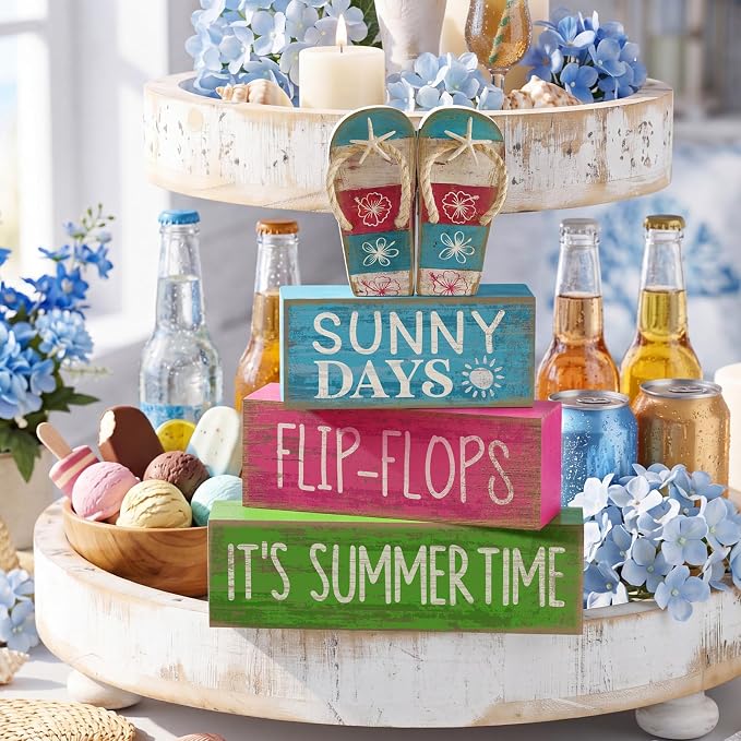 Lineshading 4 Pcs Flip Flop Beach Summer Wooden Block Signs Table Decor | Coastal Tiered Tray Decorations, Farmhouse Rustic Tabletop Display, Flip Flop Theme with Sayings Sunny Days Summertime