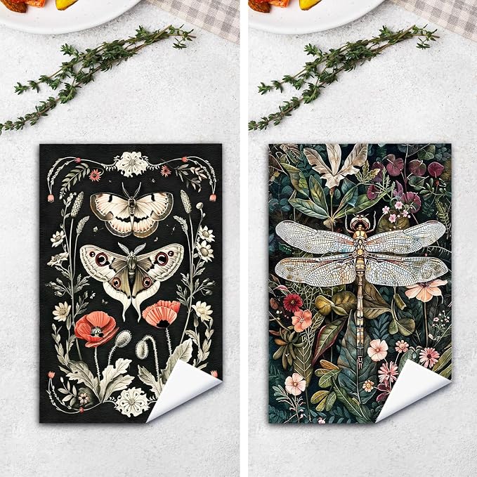Moody Floral Moth Dragonfly Kitchen Towels Set of 2, Dark Cottagecore Botanical Dish Tea Towels for Kitchen Decor, Dark Academia Flowers Hand Towels for Bathroom Decor, 16x24 Inch