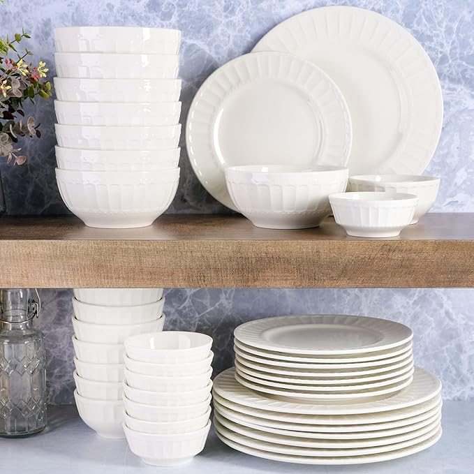 Gibson Home Zen Buffet Porcelain Ceramic Dinnerware Sets for 8, Plates and Bowls Set (40pcs), White Embossed Dishes