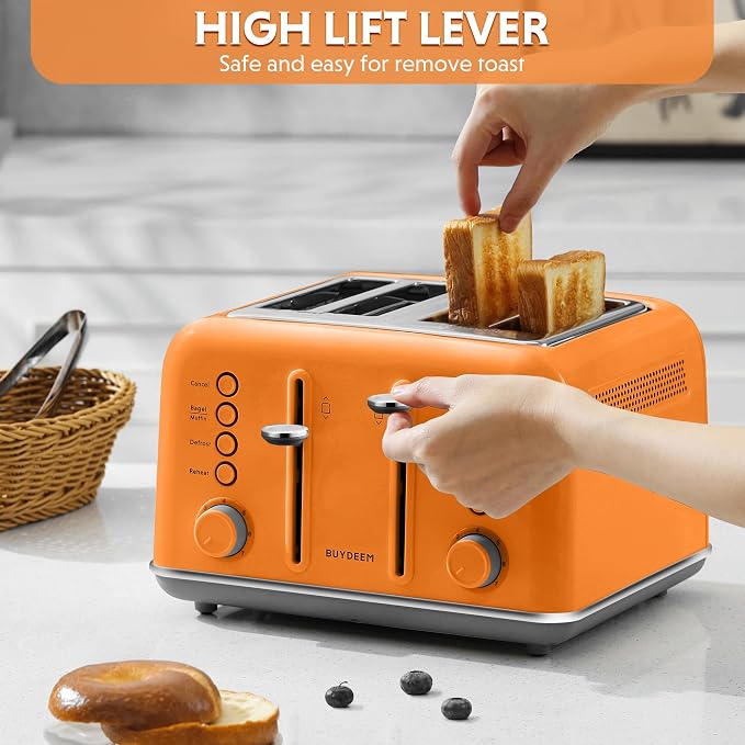 BUYDEEM DT640 4-Slice Toaster, 7 Shade Settings, Extra Wide 1.5’’ Slots for Bagel & English Muffin, 6 Toasting Functions, Retro Stainless Steel Toaster with High Lift Lever, 1800W, Orange