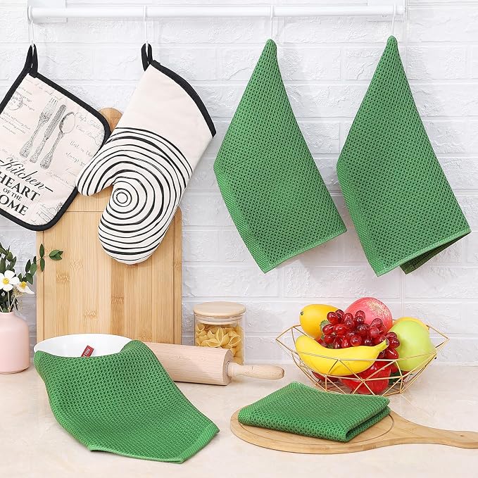 Homaxy 100% Cotton Waffle Weave Kitchen Dish Cloths 6-Pack, Grass Green | 12 x 12 Inches, Ultra Soft Absorbent Dish Towels, Quick Drying Dish Rags with Hanging Loop