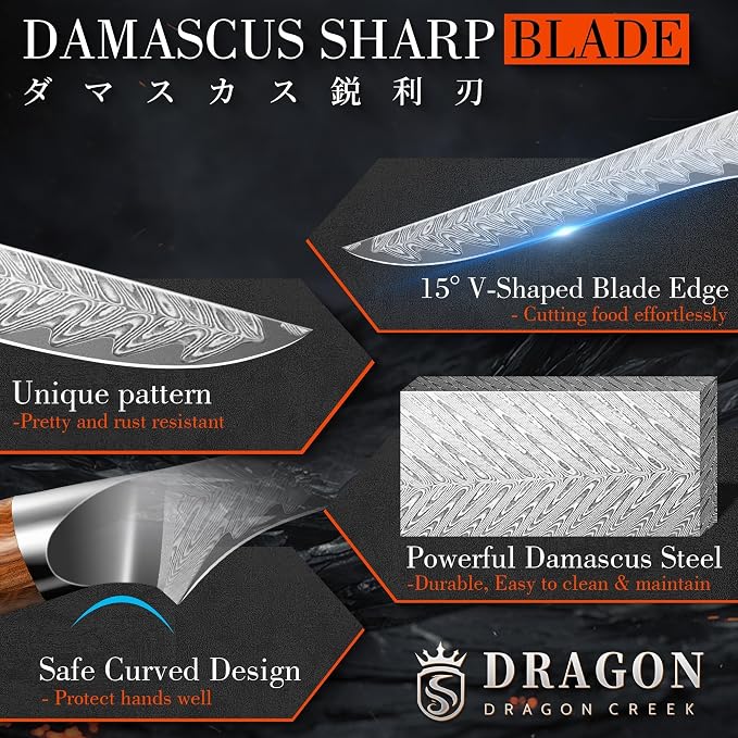 Dragon Creek Damascus Boning Knife - Meat Cutting Slicing | Fish Fillet Knife Birthday Gift for Mom or Dad 5.5" Stainless Steel