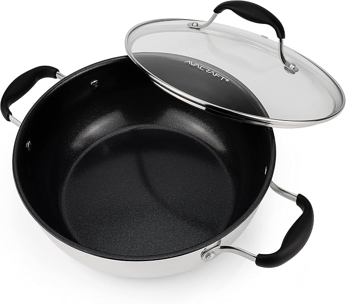 AVACRAFT Nonstick Everyday Pan, 9 inch, Ceramic Coating, Stainless Steel, Induction Compatible, Dishwasher Safe | PFAS-Free Ceramic Coating, Stainless Steel Body, Deep Multipurpose Design, Induction Compatible, Dishwasher Safe