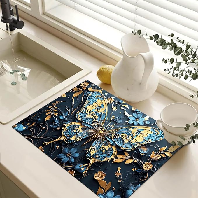HOMETITUTE Blue Gold Butterfly Stove Top Cover 28x20 Diatomite Mat