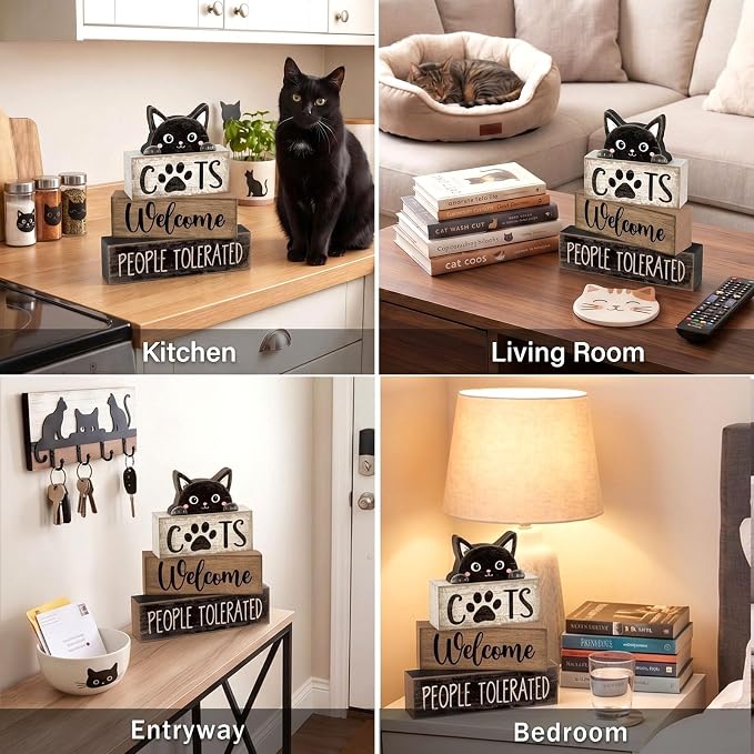Lineshading 4 Pcs Cat Wooden Sign Set, Farmhouse Tiered Tray Decor | Stackable Welcome Blocks with Cat Topper, Rustic Wood, People Tolerated Sign, Tabletop Shelf Decor for Pet Owners