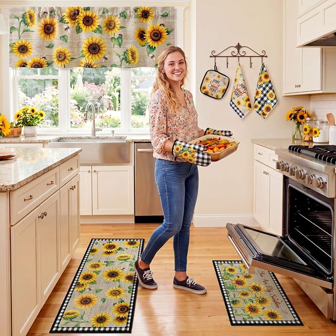 Fourluoo 16 Pcs Sunflower Kitchen Decor Set, Kitchen Towels, Sunflower Dishcloths, Black White Plaid Non Slip Rugs Mats, Oven Mitts, Pot Holders Placemats and Curtains Set for Home Summer Decoration