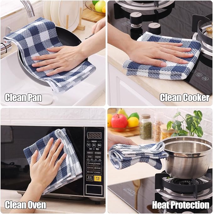Homaxy Kitchen Towels and Dishcloths Set, Set of 8, Blue & White | Bulk Cotton Waffle Weave Check Plaid Kitchen Towels, Super Soft and Absorbent Dish Cloths, 12 x 12 and 13 x 28 Inches