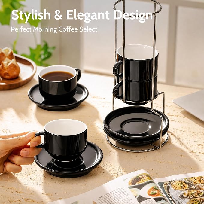 Sweese 8 Ounce Stackable Cappuccino Cups with Saucers and Metal Stand,Black | Porcelain Cappuccino Cups Set of 4 for Specialty Coffee Drinks, Cappuccino, Latte, Americano, Cafe Mocha and Tea