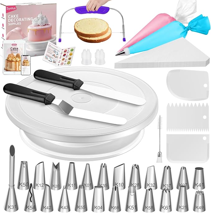 Syntus 65 PCs Cake Decorating Kit with Cake Stand, Cake Baking Supplies | 31 Piping Bags, 24 Piping Tips, Offset & Straight Spatulas, 3 Scrapers, Leveler, 2 Couplers & 1 Tips Brush