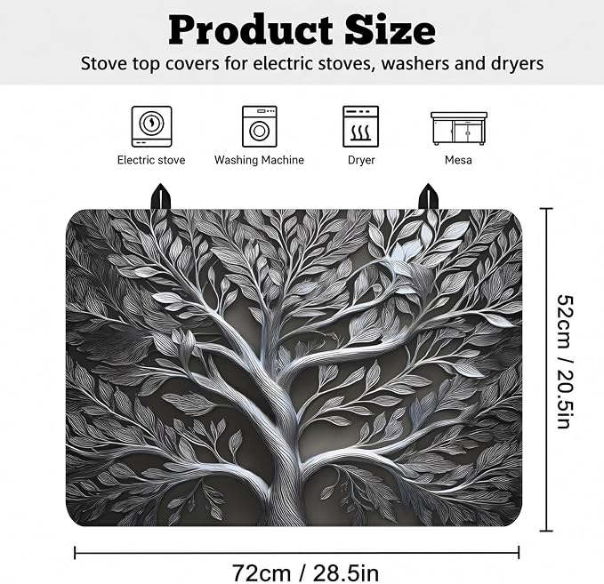Stove Top Cover for Electric Stove 28"x20" Rubber Stovetop Cover | Heat Resistant Glass Top Stove Cover Protector Mat - Anti-Scratch Dish Drying Mat, Tree of Life Pattern with 2 Hooks
