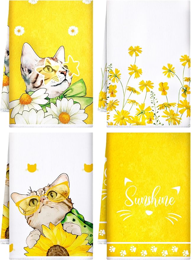 4 Pcs Cat Kitchen Towels Hand Tea Towels Gift for Kitty Lovers | Absorbent Fast Drying Dish Clothes Yellow Floral Cute Kitty Decor Housewarming Gift for Cooking Kitchen Bathroom Decor