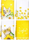4 Pcs Cat Kitchen Towels Hand Tea Towels Gift for Kitty Lovers | Absorbent Fast Drying Dish Clothes Yellow Floral Cute Kitty Decor Housewarming Gift for Cooking Kitchen Bathroom Decor