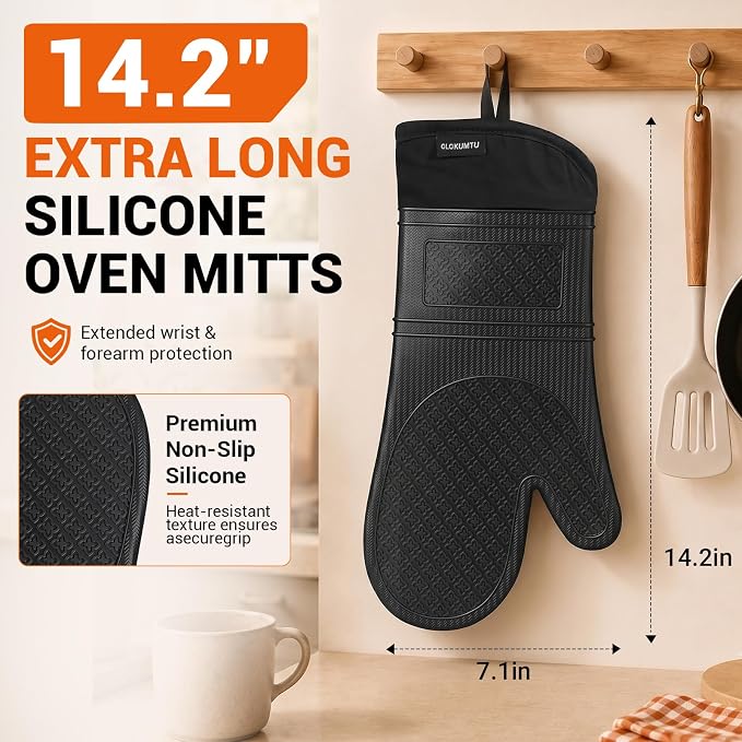 Silicone Oven Mitts, 14.2" Extra Long, Heat Resistant, Black | Heat resistant up to 570°F, wrist and forearm coverage, non-slip grip, waterproof exterior, 2-pack