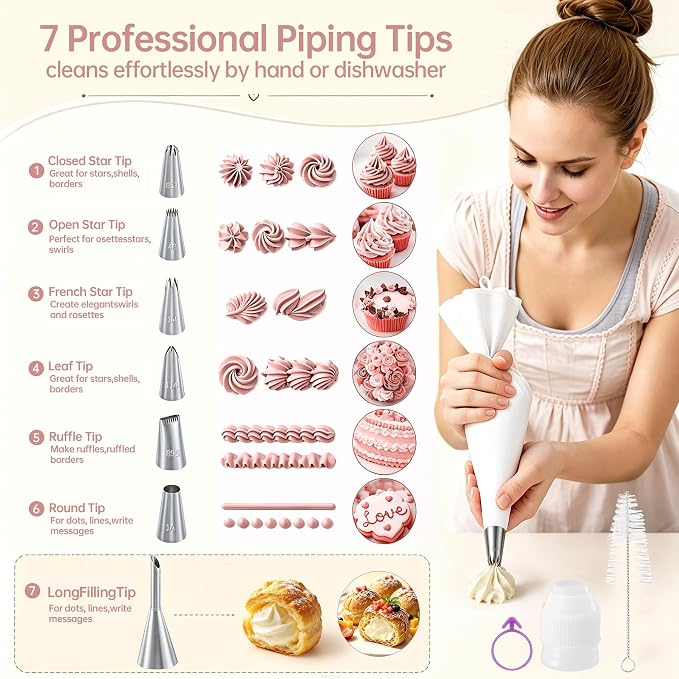 Reusable Piping Bags and Tips Set, 16inch Cotton Pastry Bags | 304 Icing Tips 1A 1M 4B 114 853 895 puff tip For Cake Decorating, Cupcakes, Cookies, Durable Baking Tool Kit