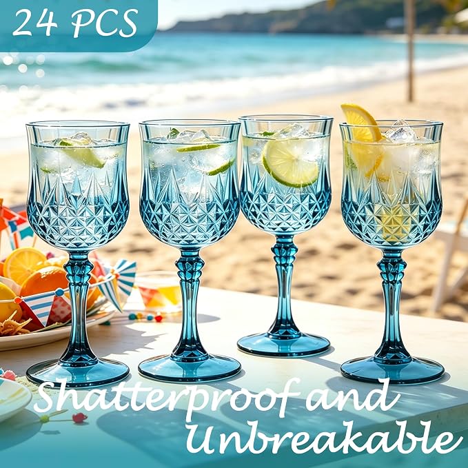 24Pack Plastic Wine Glasses, 7oz Vintage Goblets for Wedding | Unbreakable Crystal Style Reusable Stemware, Elegant Dusty Blue Drinking Glass for Party Anniversary & Holiday Celebration
