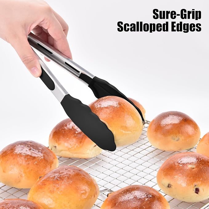 Doosu Kitchen Tongs with Silicone Tips for Cooking Serving (9in, Black) | 600°F Heat Resistant Food Tong, Heavy Duty Stainless Steel Locking Tong for BBQ, Grilling Steak, Salad, Toast, Pasta