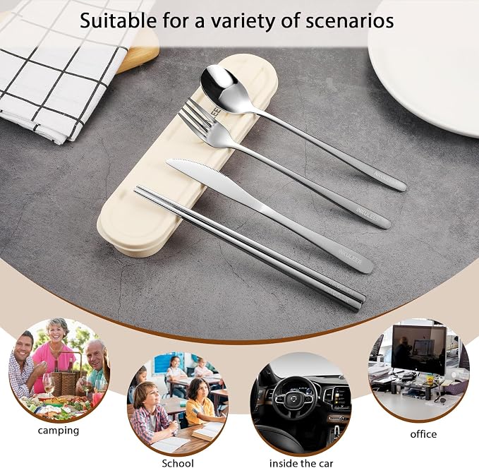 iNKULEER Travel cutlery set, 18/8 stainless steel cutlery, Reusable utensils set with case, Portable Silverware Lunch Box for Camping and Office-Stainless steel