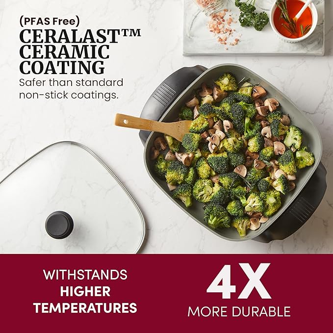 Elite Gourmet Ceralast PFAS-Free Ceramic Electric Skillet, 1200W, Dark Gray | Dishwasher Safe, Rapid Heat-Up Coating, 12"x12" Cooking Surface, Non-Stick for Everyday Meals - 2.15" Deep Design