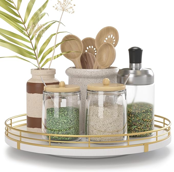 Oroyutor 10-Inch White Wooden Lazy Susan Spice Organizer with Gold Rail | Rotating oak tray organizes spices, toiletries and decor on kitchen counters, bathroom vanities, dining and coffee tables.
