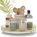 Oroyutor 10-Inch White Wooden Lazy Susan Spice Organizer with Gold Rail | Rotating oak tray organizes spices, toiletries and decor on kitchen counters, bathroom vanities, dining and coffee tables.