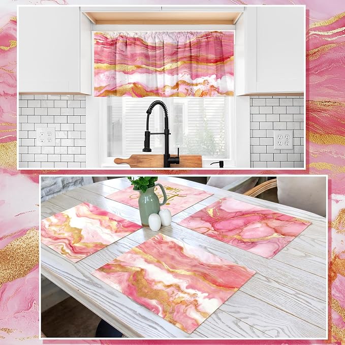 Fourluoo 16 Pcs Pink Marble Kitchen Decor Set 4 Marble Kitchen Towels 2 Non Slip Rugs and Mats for Floor 2 Pink Oven Mitts Gloves 2 Pot Holders 4 Placemats 2 Gold Curtains for Home Decoration Gift