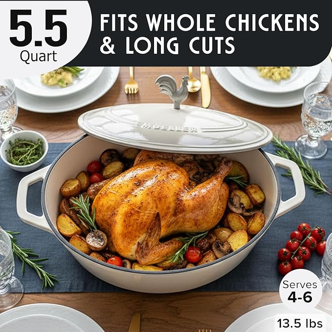 MUELLER HOME 5.5 Quart Enameled Cast Iron Oval Dutch Oven with Rooster Knob & Cotton Potholders, Heavy-Duty Cookware, Oven-Safe up to 500° F & Across All Cooktops, Gifts for Grandma & Women, White | Rooster Knob, Cotton Potholders Included, Oven-Safe u...