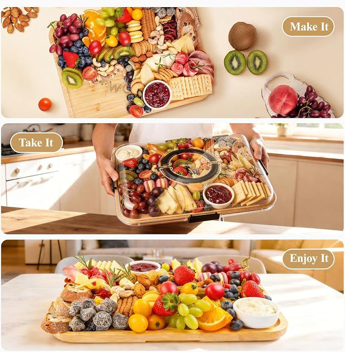 Portable Bamboo Charcuterie Board with Lid, Engraved Mom Print | Includes Knife Set, Plates, Forks & Handle, Travel Serving Tray Platter for Cheese, Meat, Fruit, Housewarming Gift for Mom
