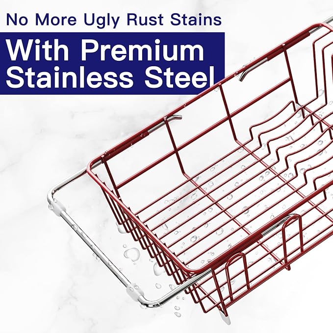 Red Dish Drying Rack Over Sink with Utensil Holder, Drainboard | Expandable Stainless Steel Dish Drainer for Small Kitchen, Apartment, RV, Counter Space Saving, Perfect Fit, Rustproof