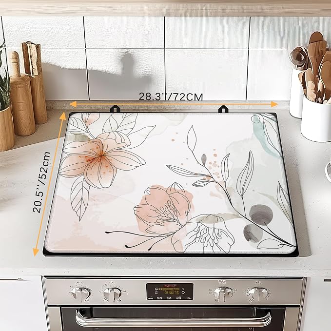 Floral Leaves Line Art Stove Top Cover for Electric Stove,Extra Thick Natural Rubber Glass Top Protector,Prevents Scratching,Expands Usable Space 28x 20