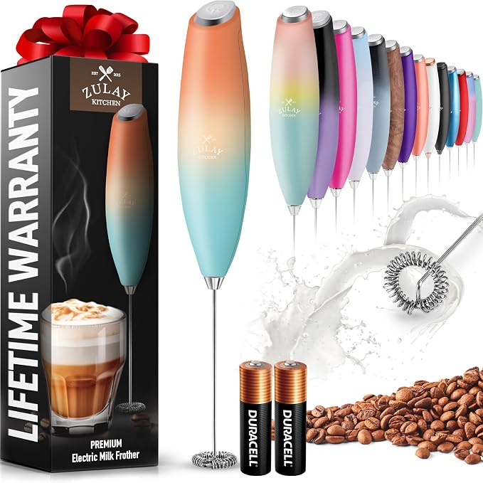 Zulay Powerful Milk Frother for Coffee with Upgraded Titanium Motor - Handheld Electric Whisk, Milk Foamer, Mini Mixer & Coffee Blender for Frappe, Latte, Matcha, No Stand - Royal Sunrise