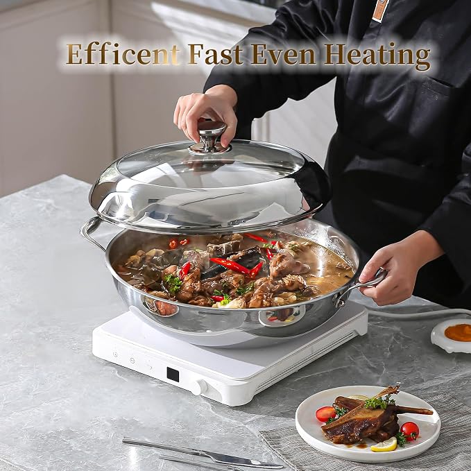 DELARLO Tri-Ply Stainless Steel Wok Pan with Lid 14inch, Healthy Non-Toxic Flat Bottom Induction Wok, Stir Fry Pan for Glass Top Stove Up to 600℉(Not Including Lid