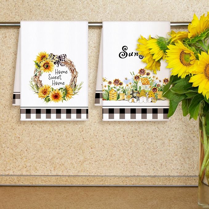 4 Pcs Sunflower Kitchen Towels Floral Hand Dish Towels Gift | Fast Drying Absorbent Tea Dishcloth Yellow Flower Buffalo Plaid Decor Housewarming Gift for Cooking Kitchen Bathroom